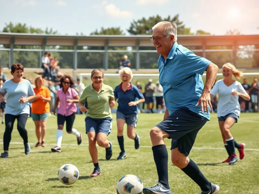 A group of residents of all ages participating in a friendly soccer match on a sunny field, with spectators cheering and banners promoting healthy living, illustrating FOYER RURAL's recreational sports days.