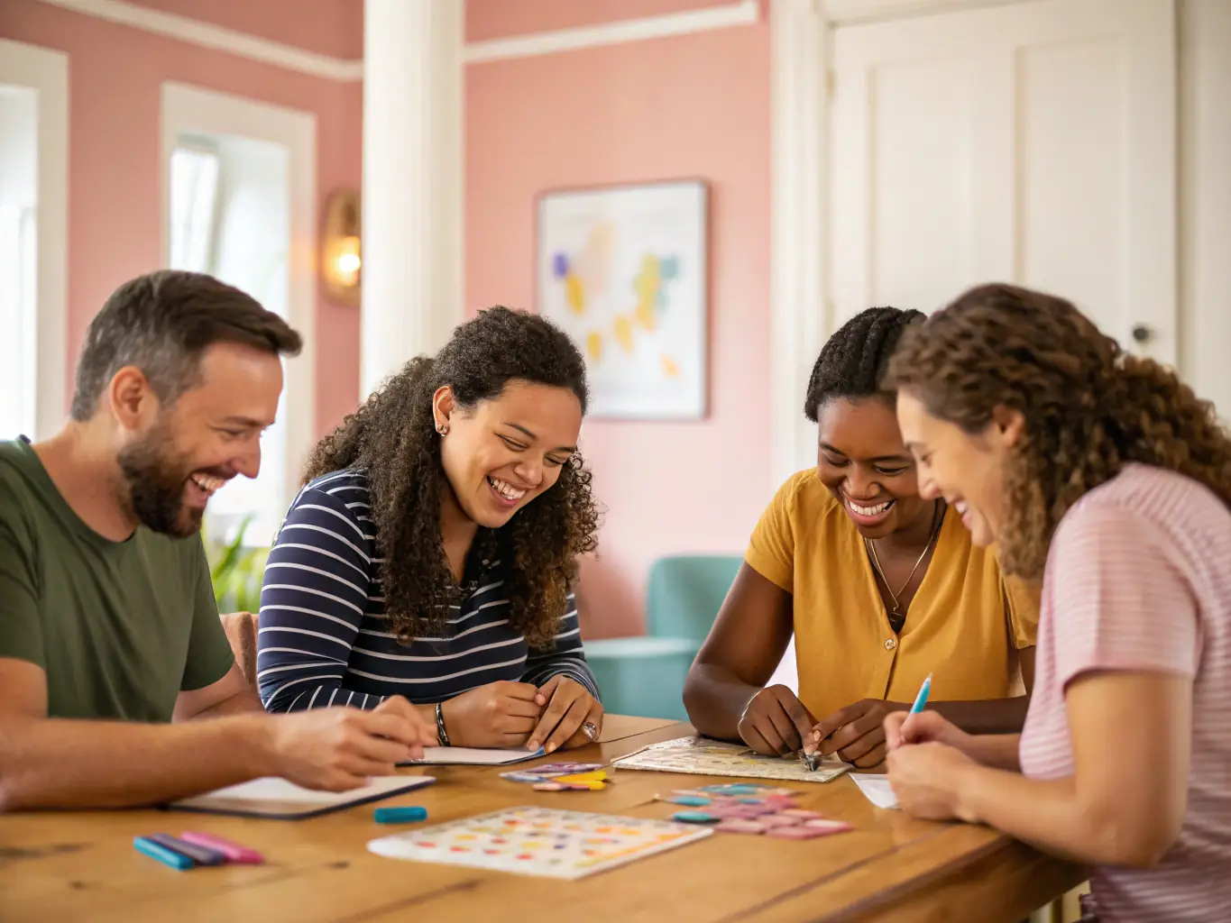 A warm, inviting photo of community members gathered around a table, engaging in hands-on crafts and storytelling during a heritage workshop, with traditional decorations and local artifacts visible.