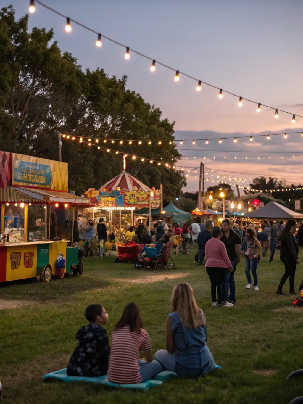 A lively festival scene with colorful banners, local musicians performing on a small stage, and families sampling homemade food at decorated stalls.