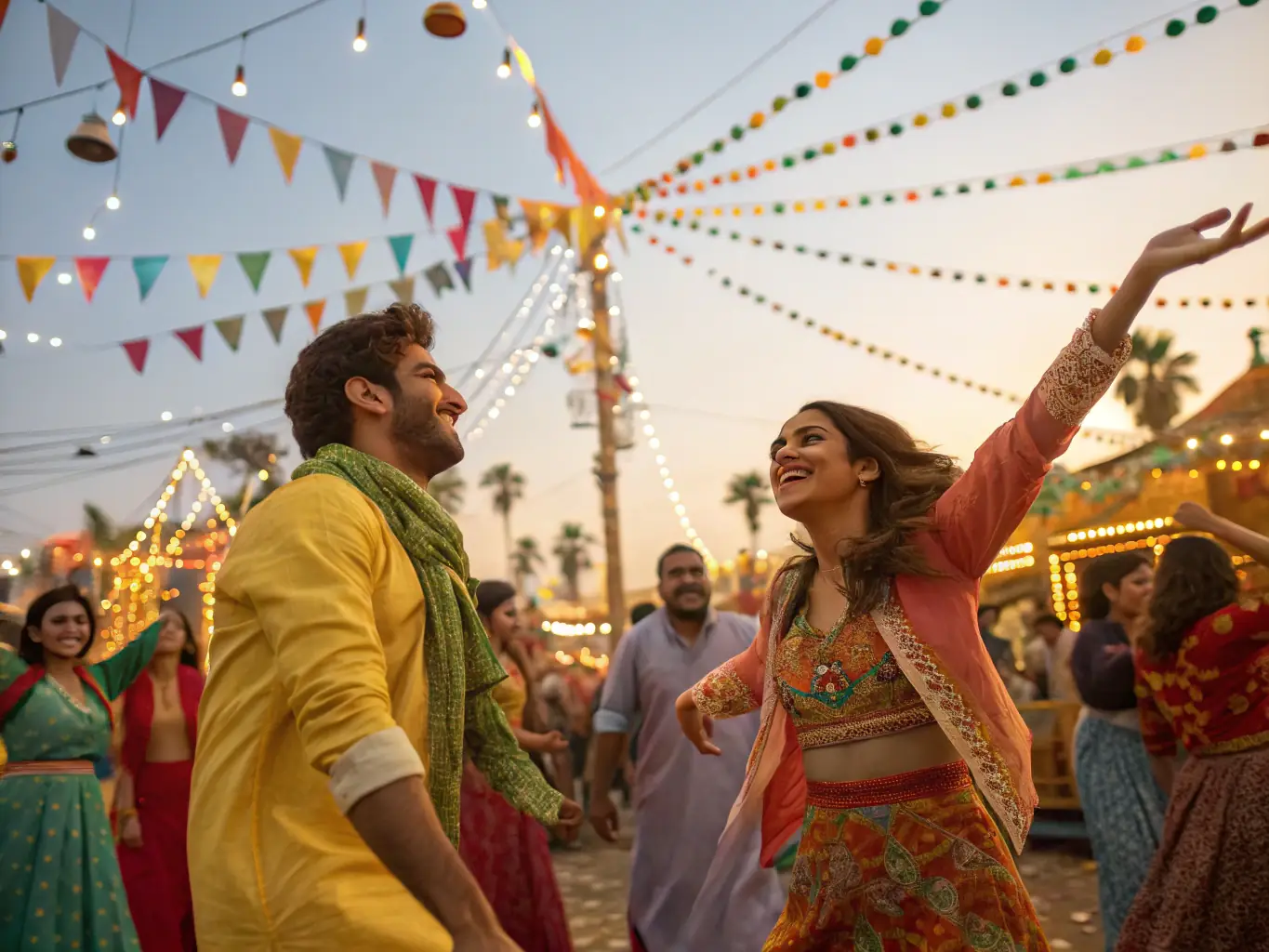 A lively outdoor scene at a village festival, with families and children enjoying music, traditional dances, and colorful decorations under festive banners, representing FOYER RURAL's annual community celebration.