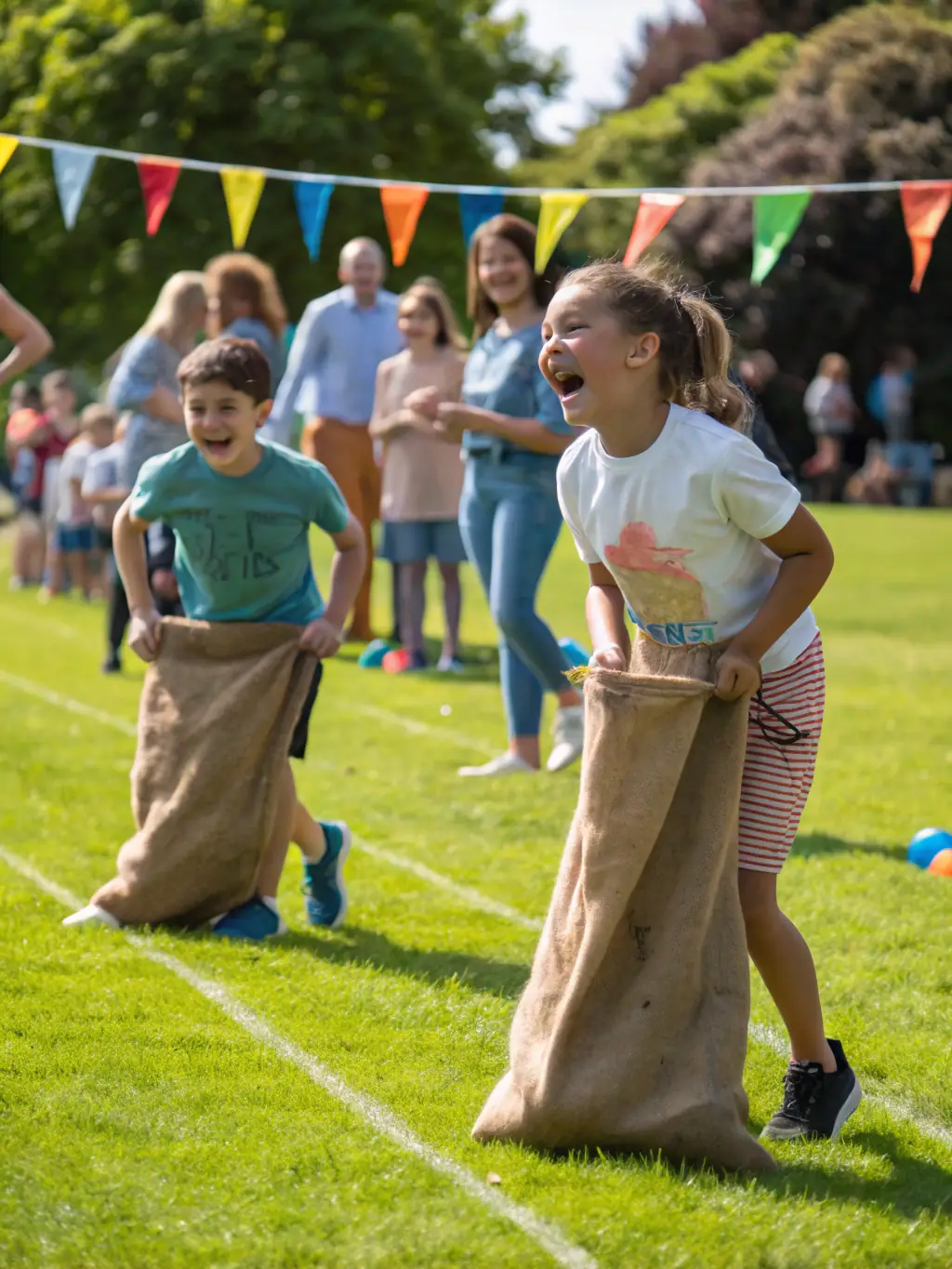 A vibrant outdoor scene showing children and adults participating together in a village sports day, with soccer balls, relay batons, and cheering spectators, capturing the spirit of community recreation.