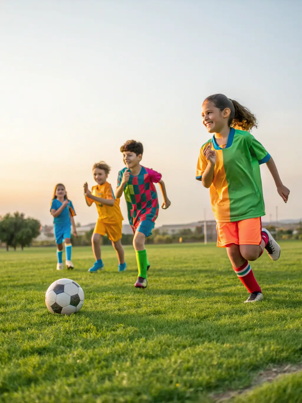A group of children and adults playing soccer on a green field, with enthusiastic spectators cheering from the sidelines, representing an inclusive community sports event.