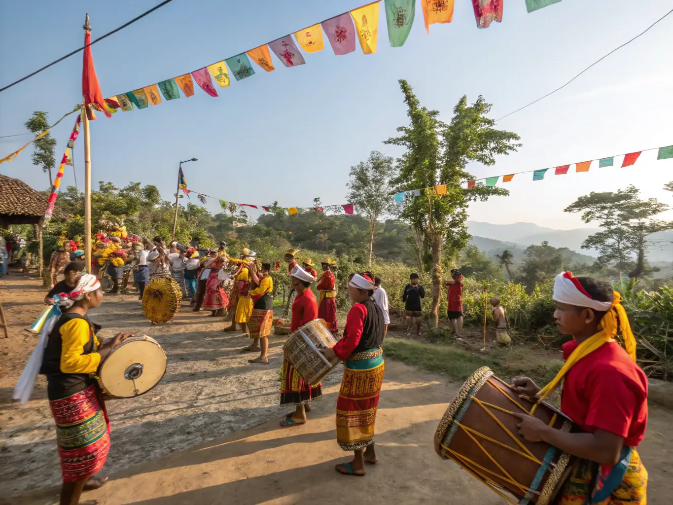 A lively outdoor scene of families and seniors gathered at a village festival, with colorful banners, local musicians performing, and children playing traditional games, capturing the joy and unity fostered by FOYER RURAL.