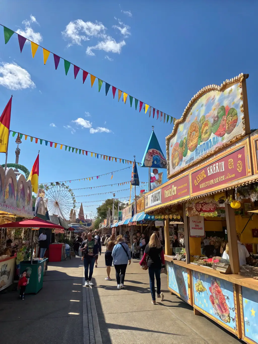 A vibrant outdoor scene of villagers of all ages participating in a local festival, with colorful banners, food stalls, and a small stage for performances, capturing the joyful atmosphere of a community celebration.