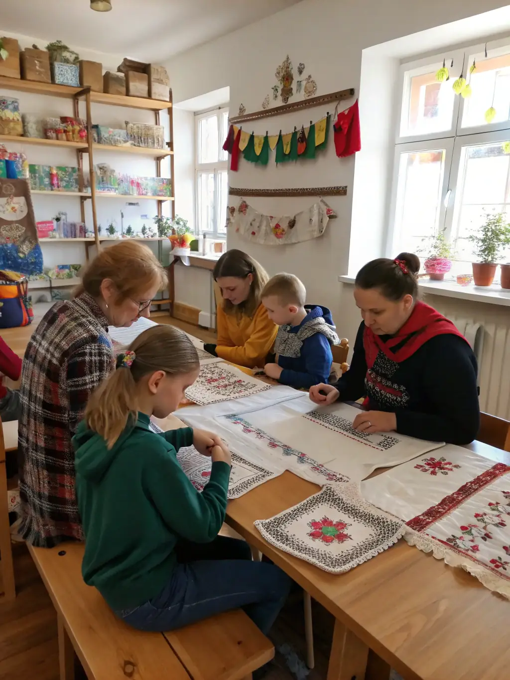A cozy indoor setting with people of different ages gathered around a table, engaging in traditional crafts and storytelling, with local artifacts and handmade decorations visible.