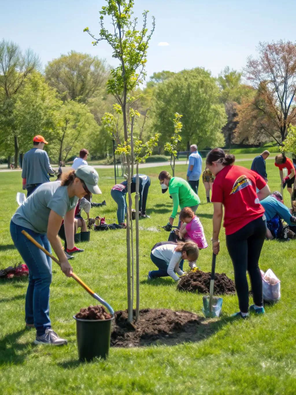 A group of volunteers planting trees and tending a community garden, with children helping and neighbors chatting, symbolizing environmental and social initiatives.