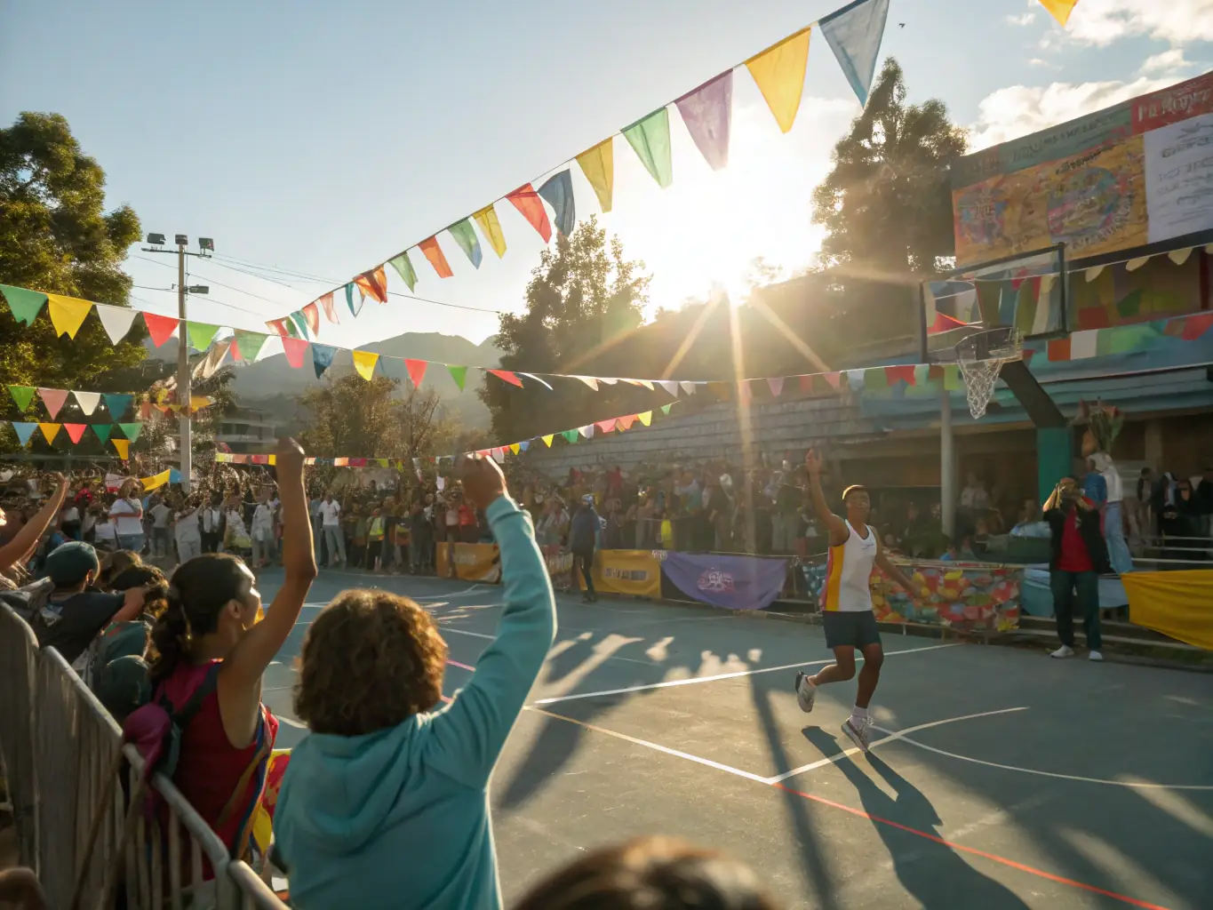 A dynamic image of residents participating in a community sports day, with teams in matching shirts, cheering crowds, and a backdrop of green fields, illustrating the energy and inclusivity of FOYER RURAL events.