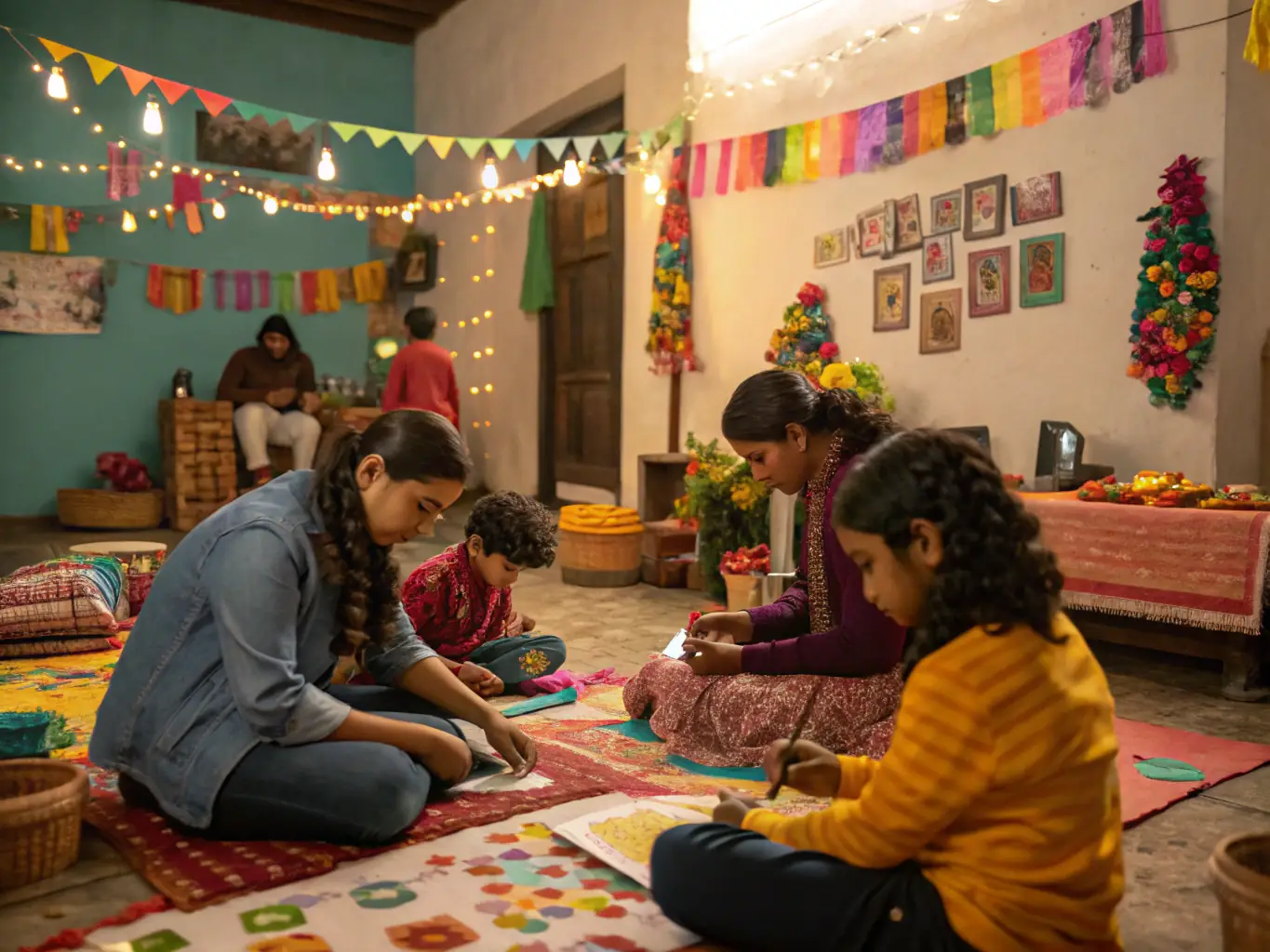 A cozy indoor workshop setting with adults and children gathered around tables, learning traditional crafts and listening to a local historian, capturing the essence of FOYER RURAL's cultural heritage workshops.