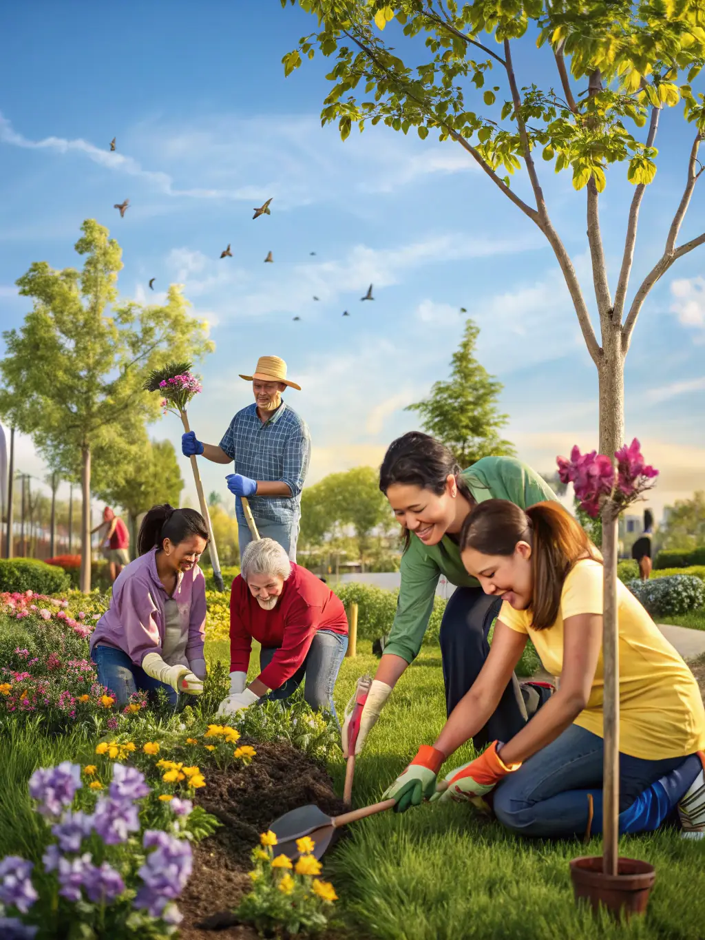 A group of volunteers planting flowers and trees in a public park, with children helping and neighbors chatting, set against a backdrop of village houses.
