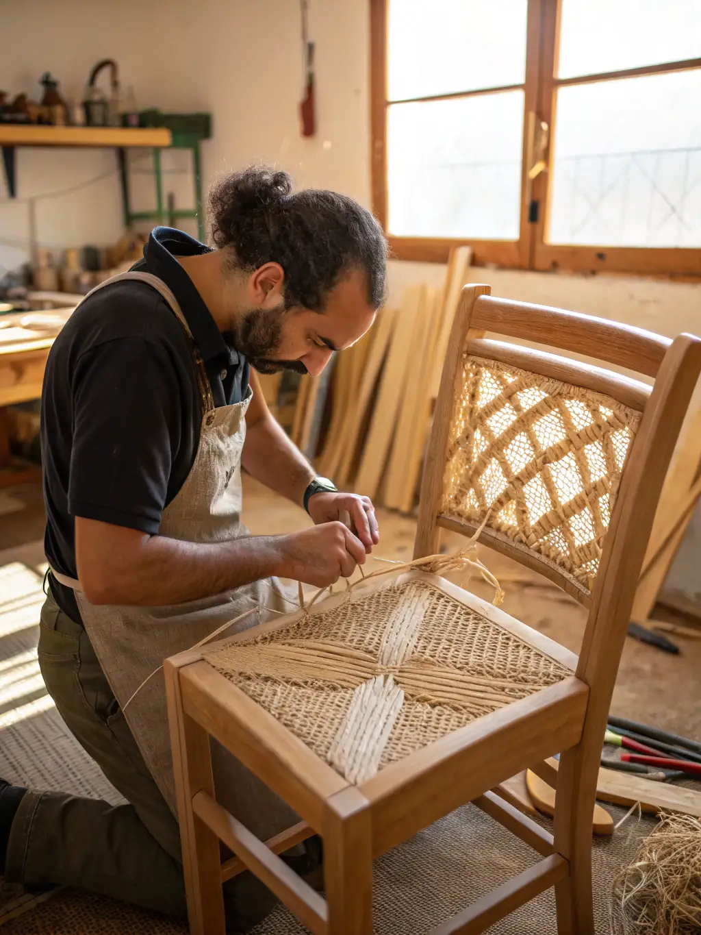 A cozy indoor workshop setting with people of different generations learning traditional crafts, such as basket weaving and embroidery, surrounded by historical artifacts.